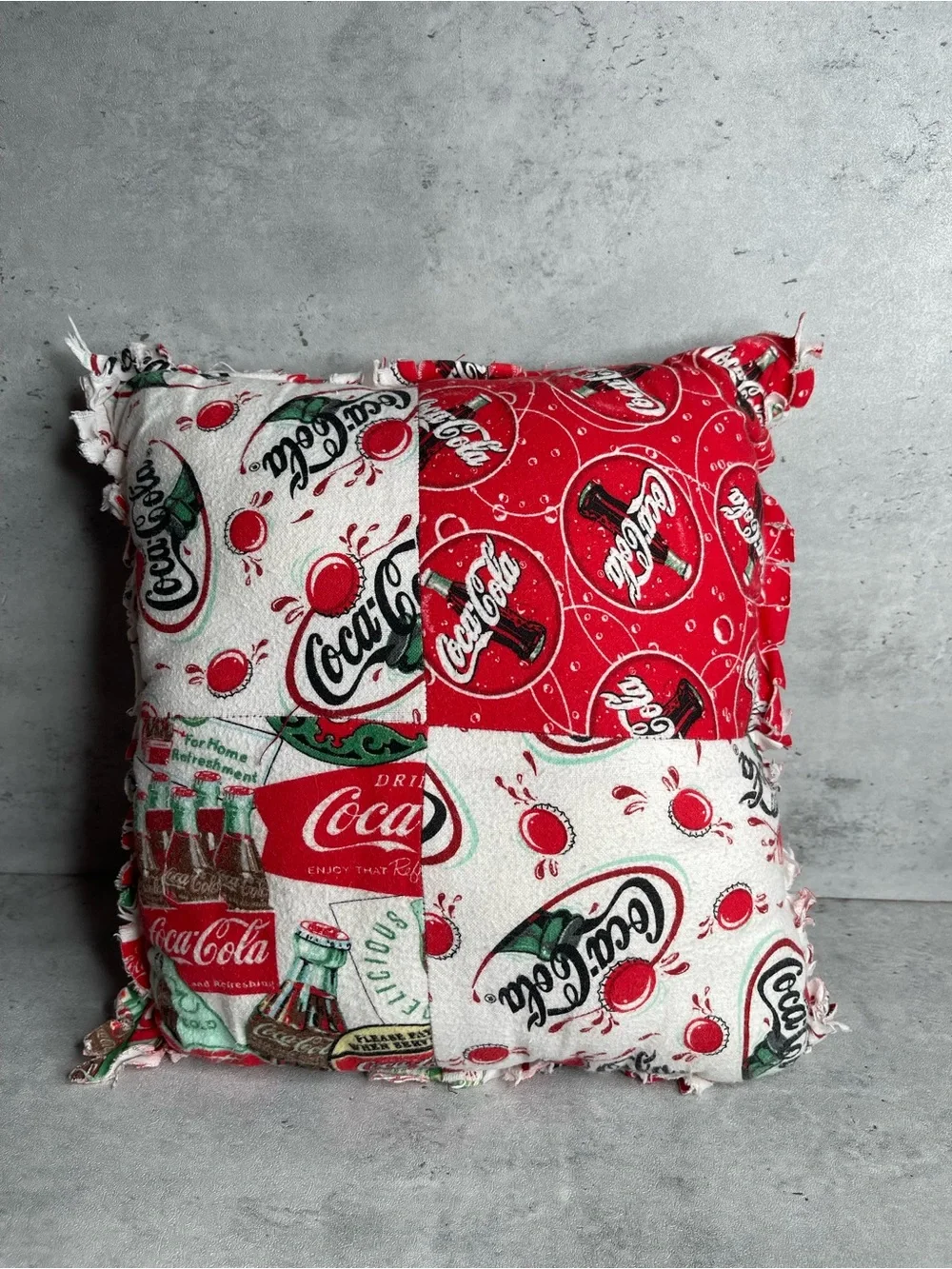 Handmade Coca Cola Vintage Throw Decor Pillow Patchwork Design 14 x 15” Collecto